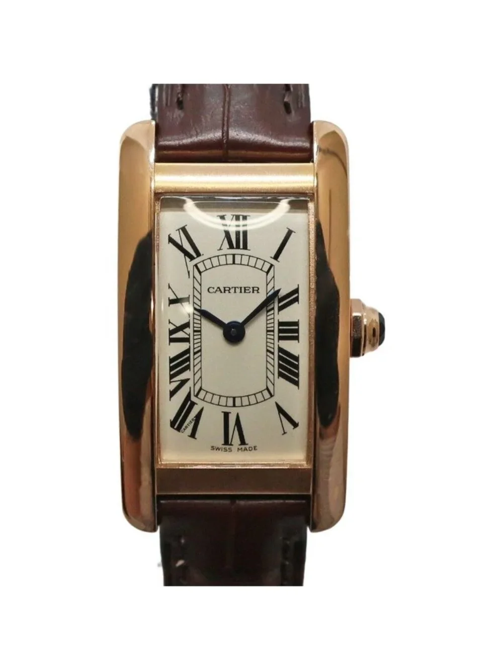 Cartier Ten & Battery Replaced Tank American SM PG Leather Silver Quartz Watch